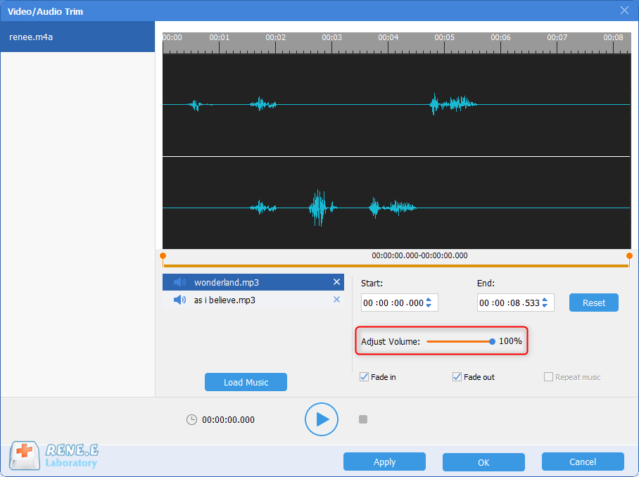 alzare o abbassare il volume del file m4a con gli strumenti audio di renee