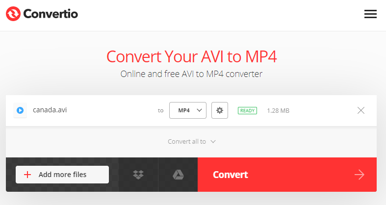 convertire avi in mp4 su convertio