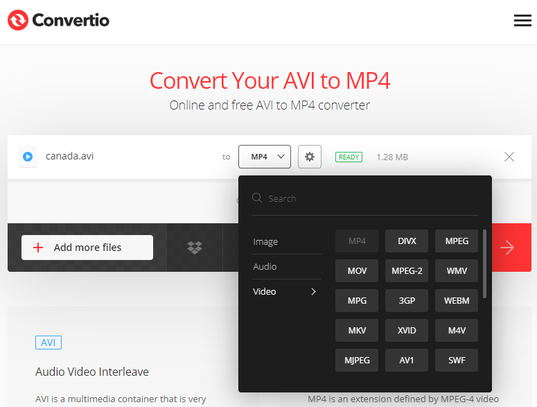 selezionare mp4 come formato di uscita in convertio