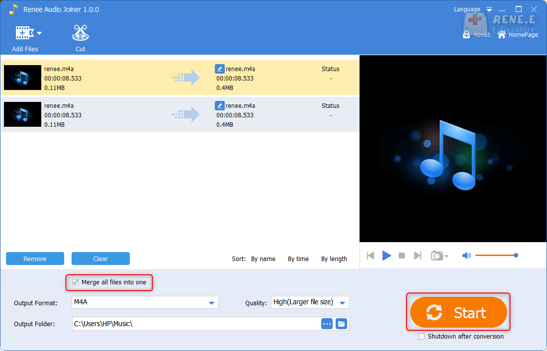 Unire tutti i file m4a in uno solo con renee audio joiner