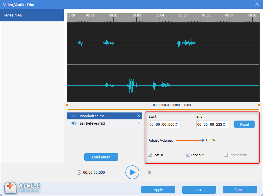 impostare gli effetti di dissolvenza in entrata e in uscita per i file m4a