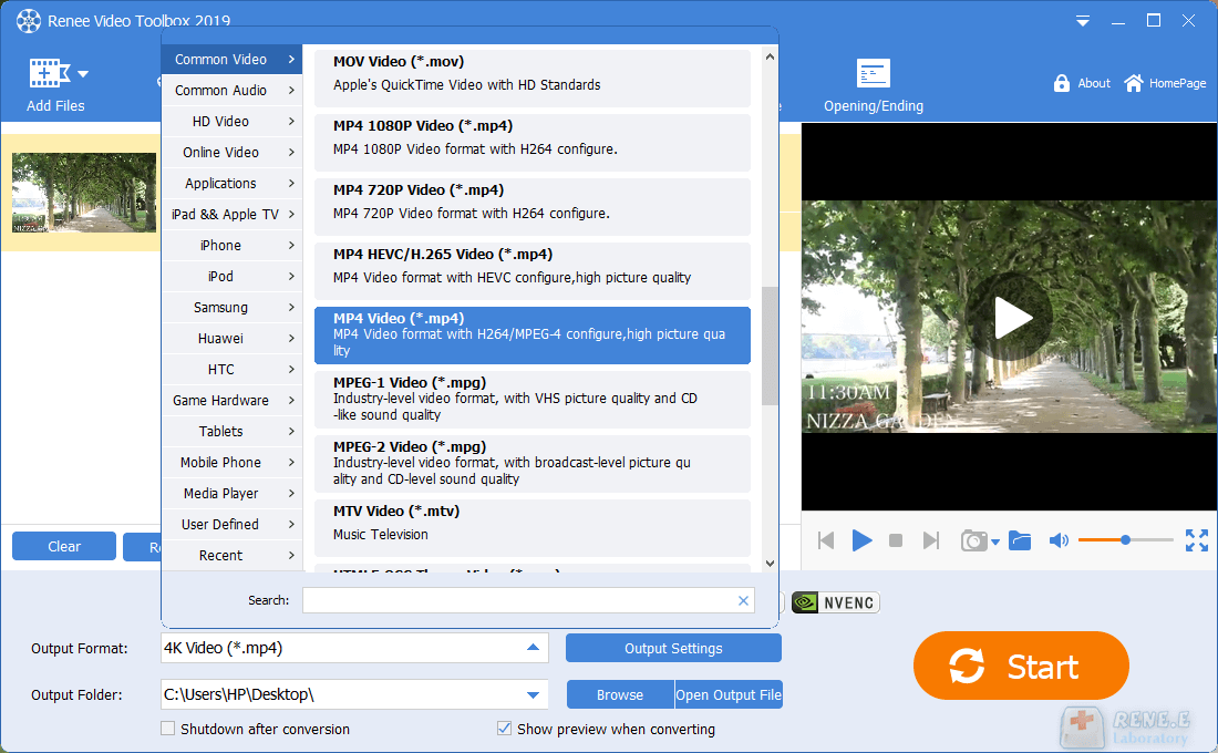 selezionare mp4 come formato di uscita e salvare in renee video editor pro