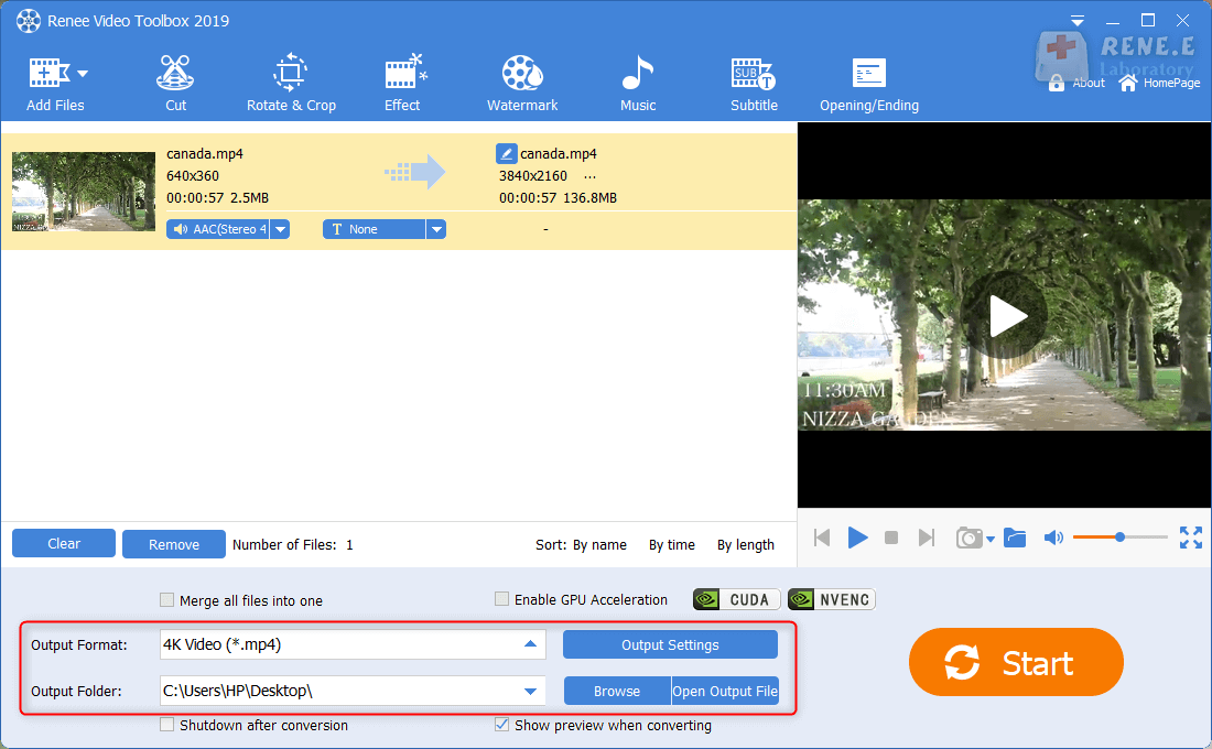 selezionare il formato di uscita e la cartella in renee video editor pro