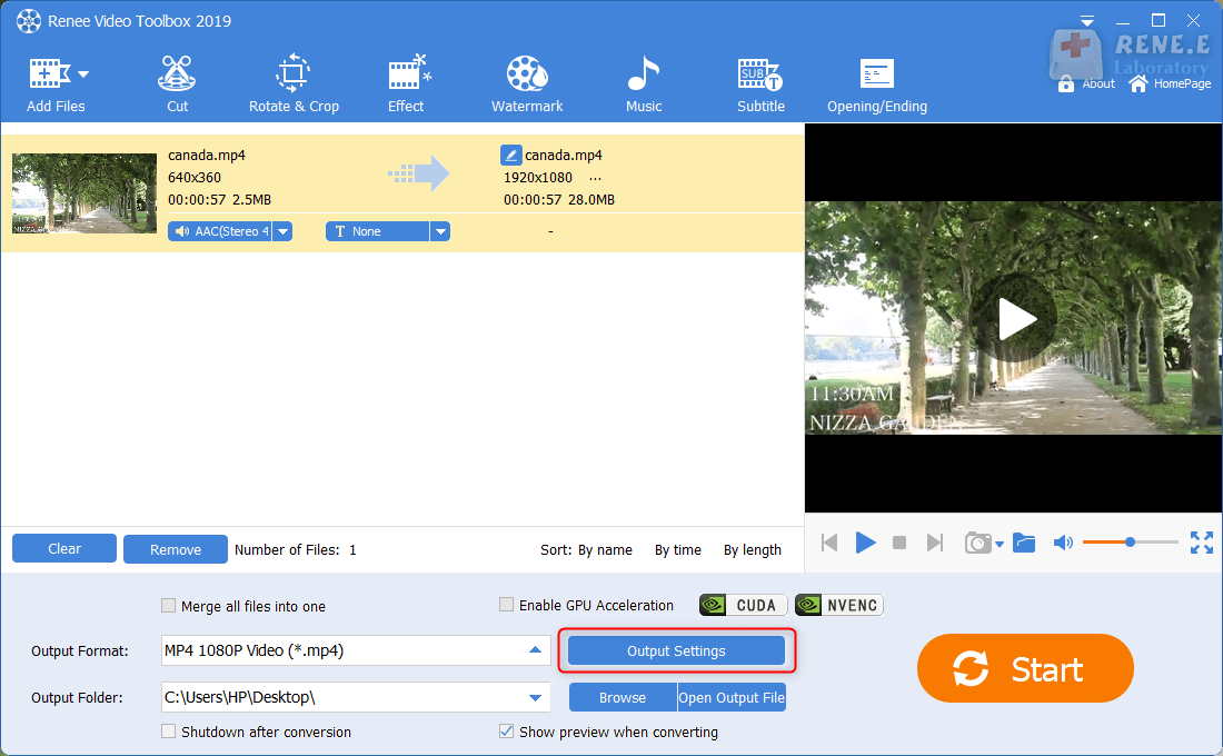 fare clic per impostare le impostazioni di output in renee video editor pro
