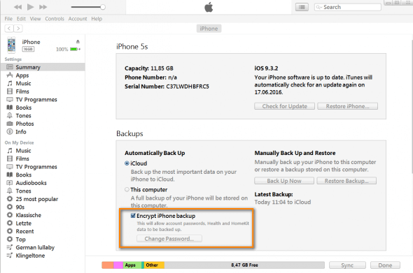 come criptare il backup di iphone in itunes