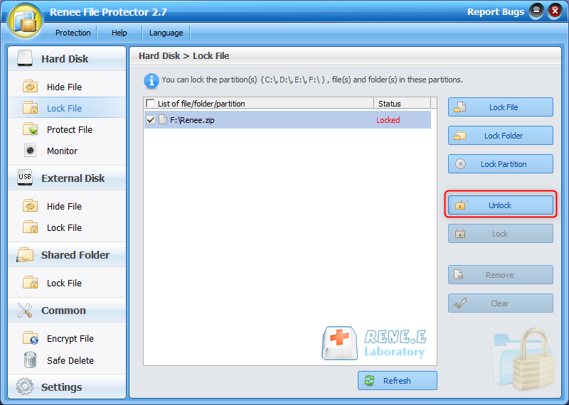 sbloccare il file zip in renee file protector