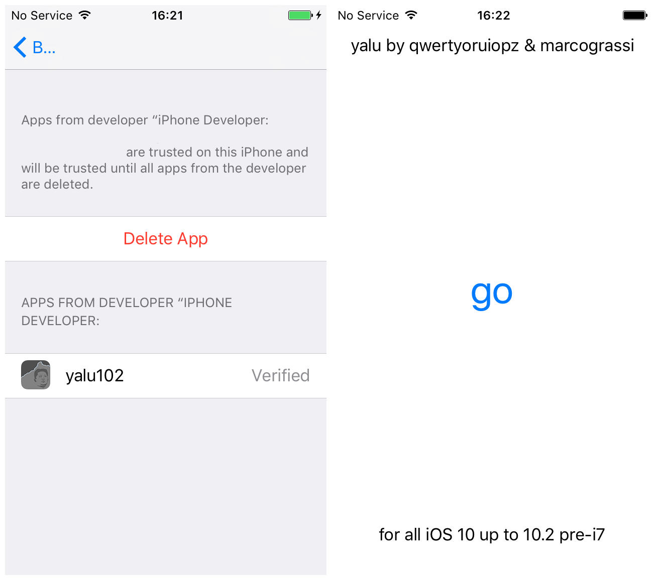 utilizzare yalu 102 per eseguire il jailbreak di iphone