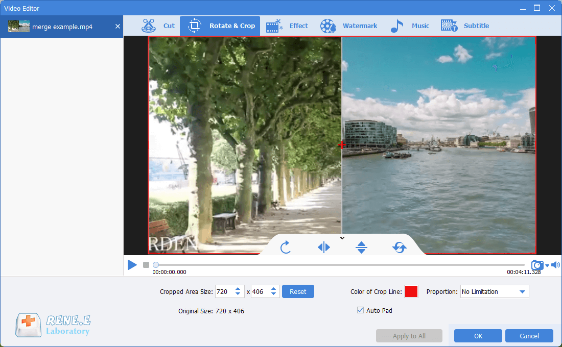 Trascinare per ritagliare la parte non necessaria in un video a doppio schermo in renee video editor pro