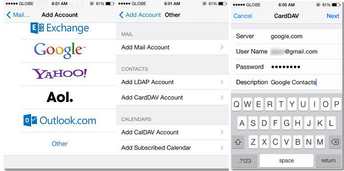 inserire l'account e la password per accedere a carddav