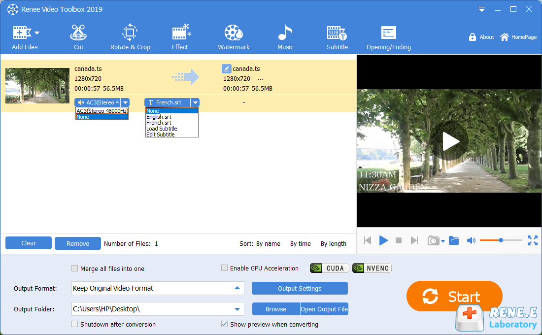 selezionare la traccia audio e i sottotitoli per modificare i file ts in renee video editor pro