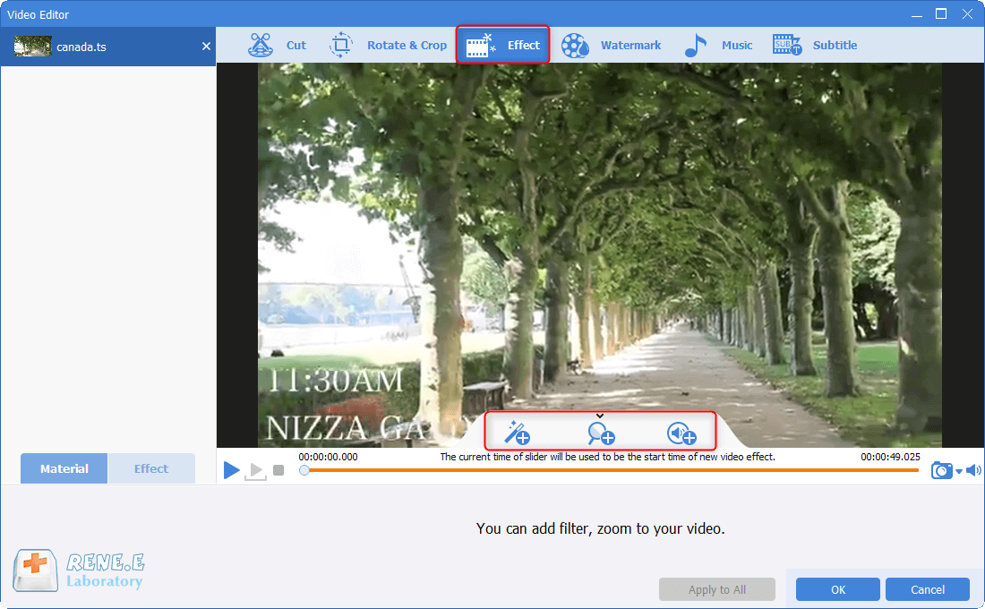 selezionare gli effetti speciali per i file ts in renee video editor pro