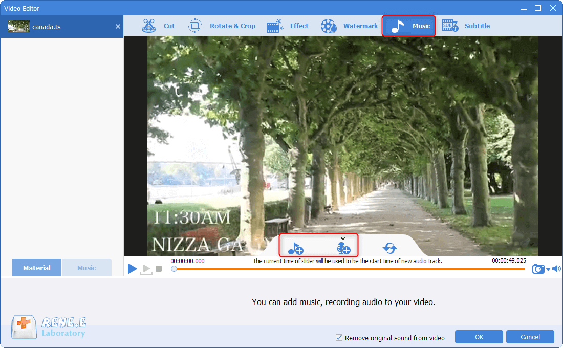 aggiungere musica di sottofondo ai file ts con renee video editor pro