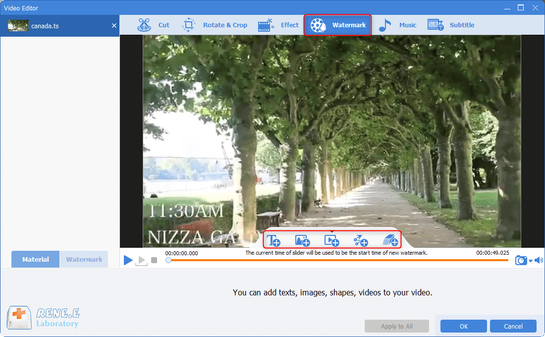 aggiungere filigrana ai file ts in renee video editor pro