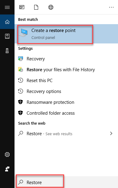 ricerca per creare un punto di ripristino in Windows