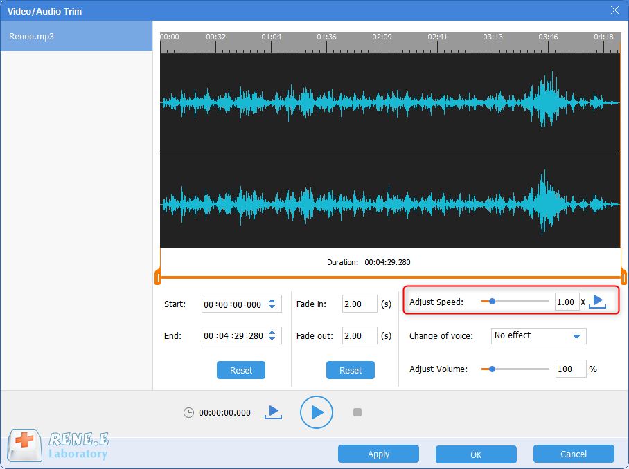 regolare la velocità del file audio negli strumenti audio di renee