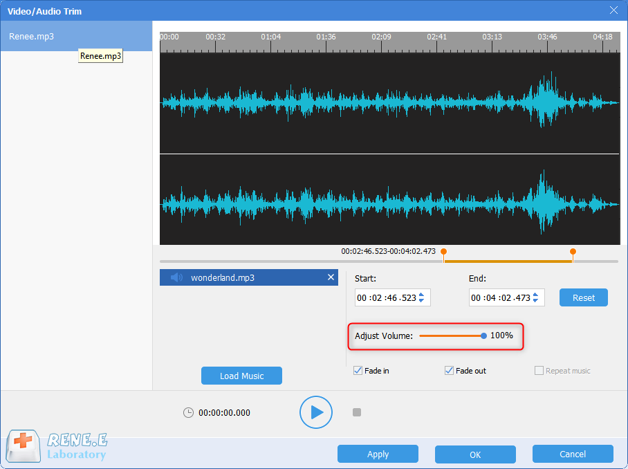 Regolare il volume del file audio con gli strumenti audio renee