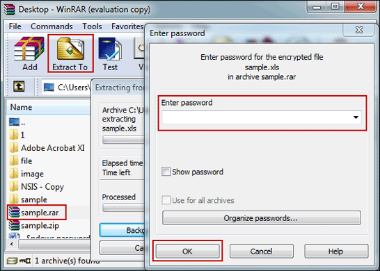 inserire la password corretta per decriptare il file winrar