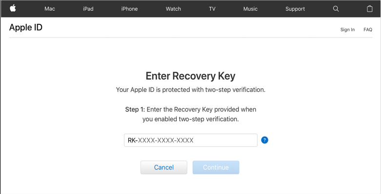 inserire la chiave di recupero per recuperare il passcode di apple id