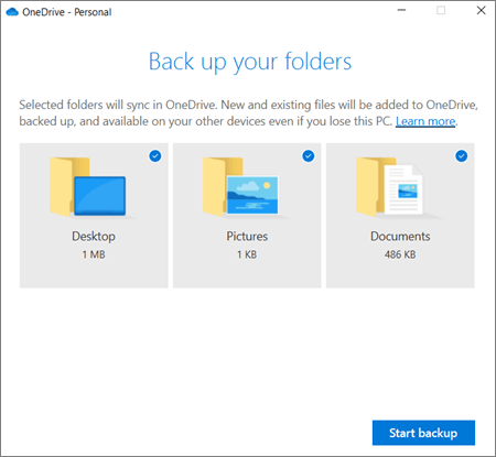 iniziare a eseguire il backup dei file su onedrive quando non c'è un disco di ripristino di Windows 10