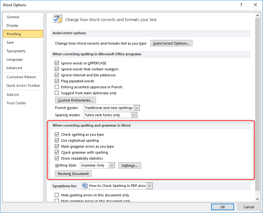 controllare le opzioni ortografiche in micosoft word