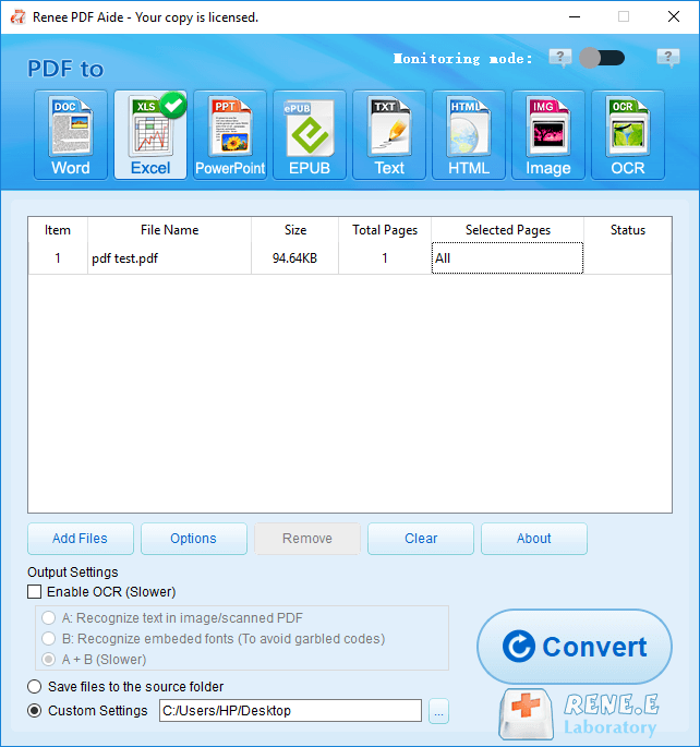 convertire pdf in xls con renee pdf aide