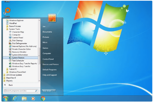 ricerca ripristino del sistema per ripristinare windows 7