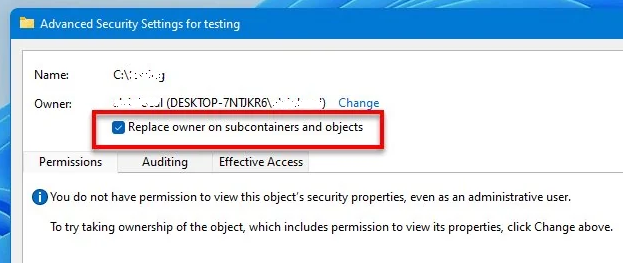 Windows Sostituisci proprietario nei contenitori e negli oggetti secondari