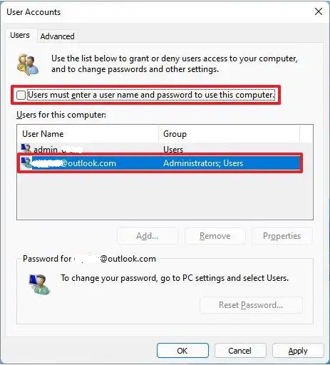 Deselezione di 'Per utilizzare questo computer è necessario che l'utente immetta il nome e la password' in netplwiz
