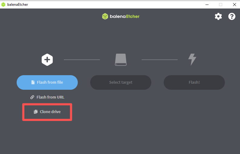 Balena Etcher - Nel menu di selezione della sorgente, scegli Clone Drive