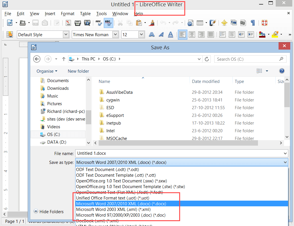 LibreOffice Writer Save As dialog with DOCX format selected