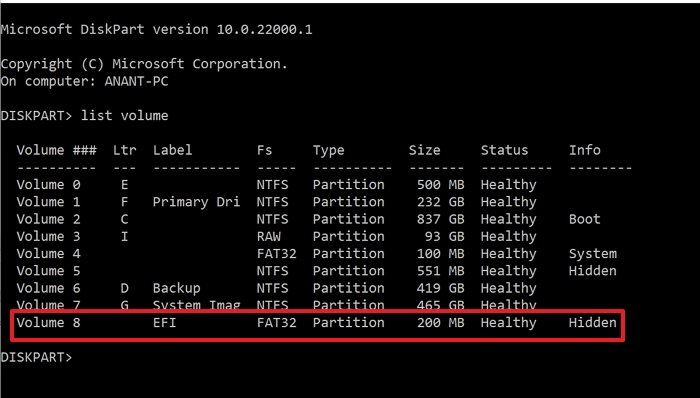 controlla partizione EFI in diskpart