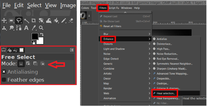GIMP selezione libera e heal selection