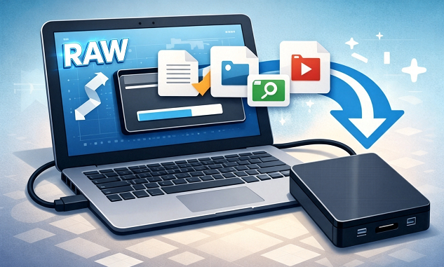 Hard disk del laptop con uno strumento di recupero che scansiona i file persi