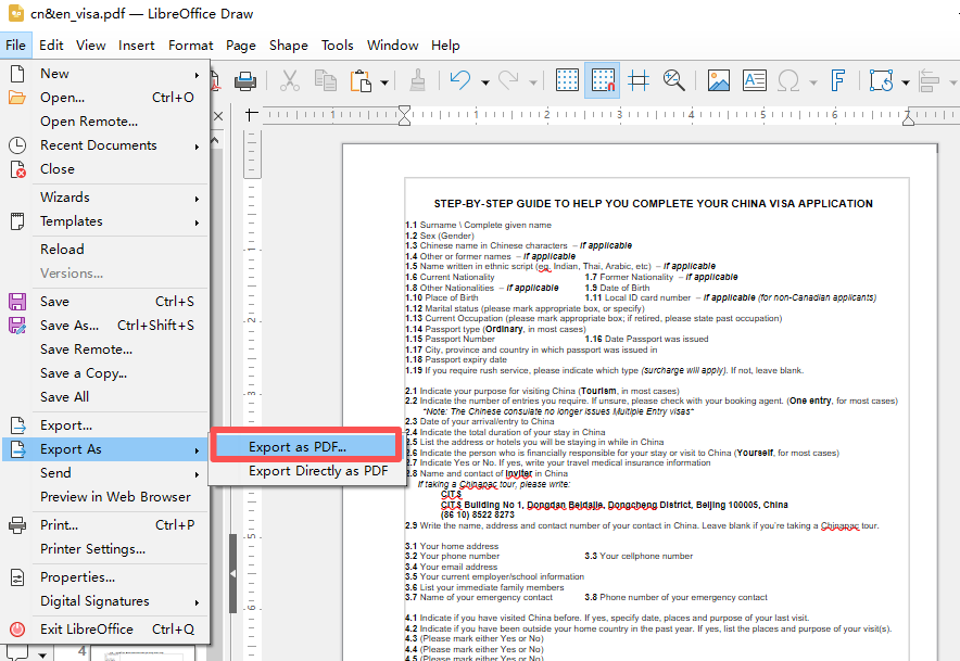 libreoffice draw esporta pdf