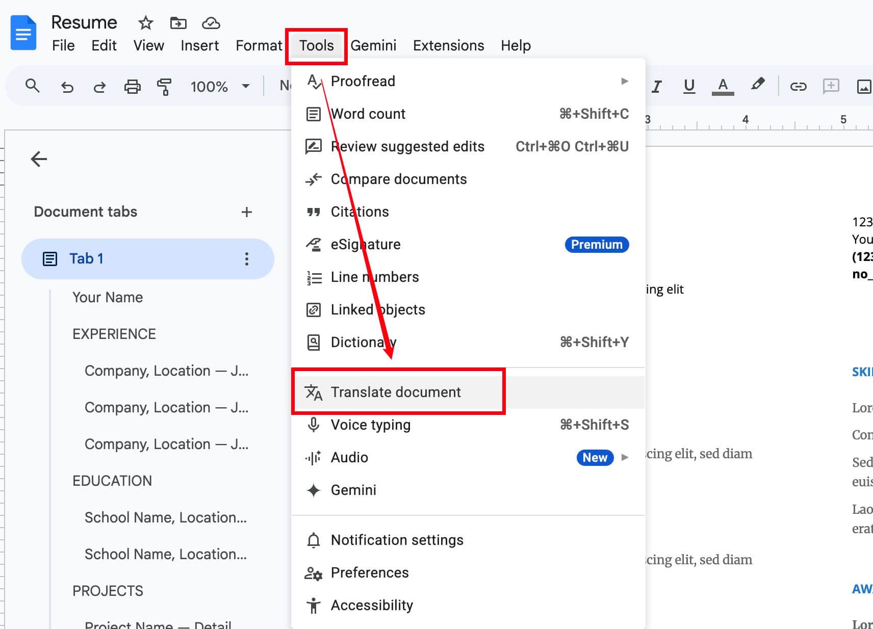 Google Docs, Traduci documento