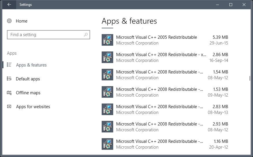 App e funzionalità, Microsoft Visual C++ Redistributable