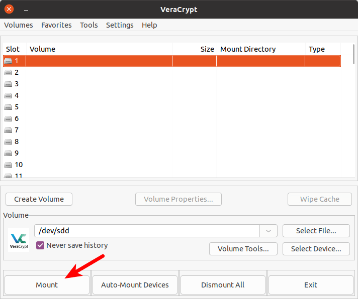 Montare una chiavetta USB crittografata con VeraCrypt