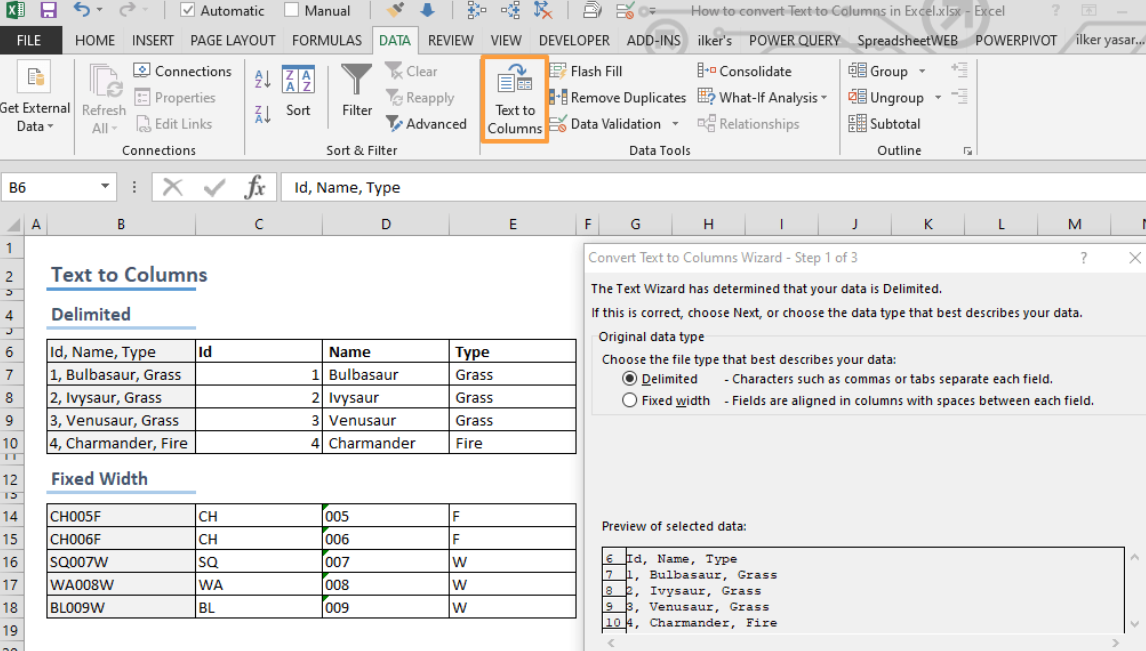 Dati > Testo in colonne in Excel