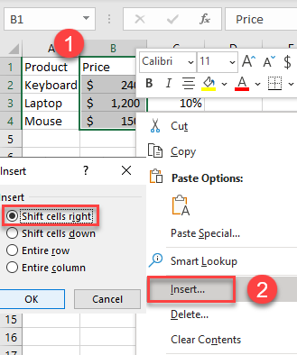 Sposta le celle verso destra in Excel